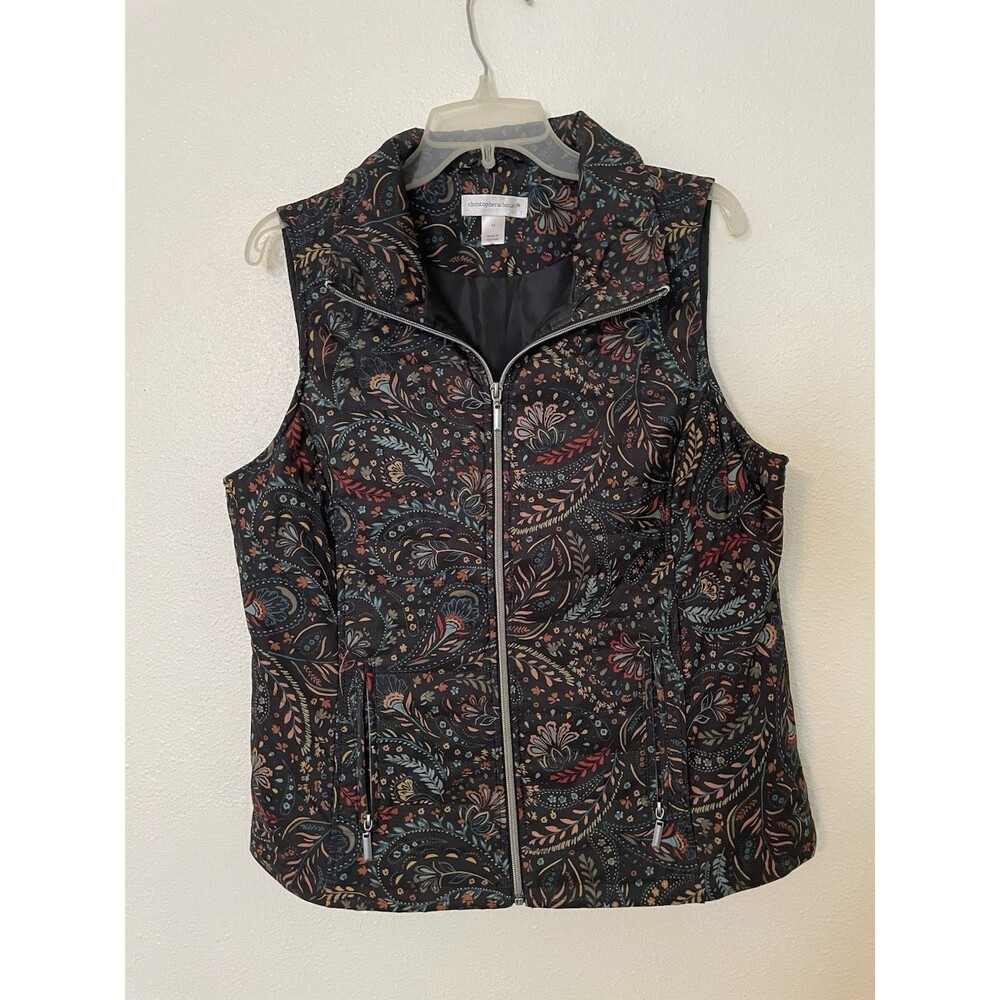 Christopher & Banks Quilted Spring Vest Women's Black Floral Size Medium Zip